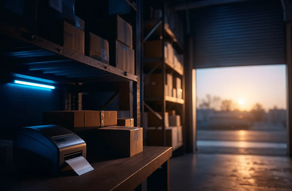 Parcels on warehouse shelving as the sun rises through the loading door