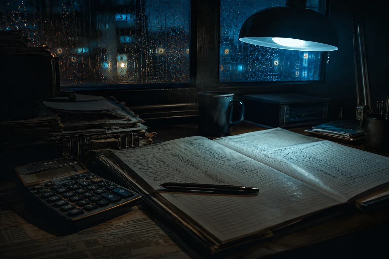 An accountant’s desk late at night, a ledger open under the lamp beside a calculator