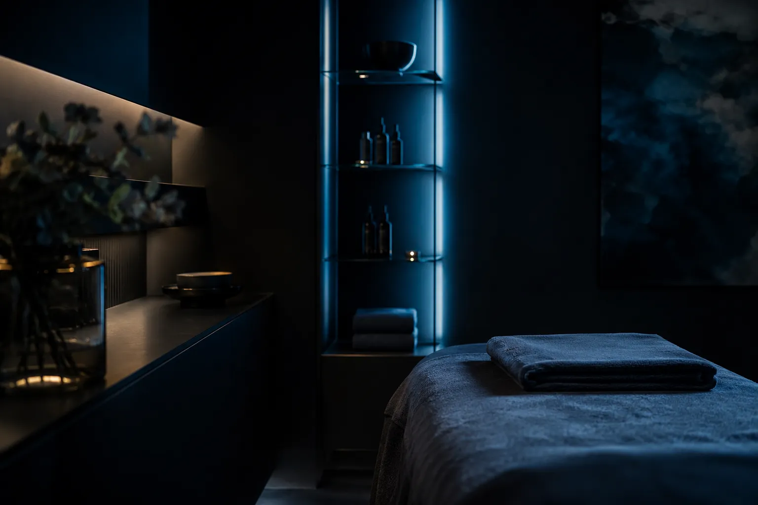 A clinic treatment room after hours, folded towels and softly lit shelves ready for the morning