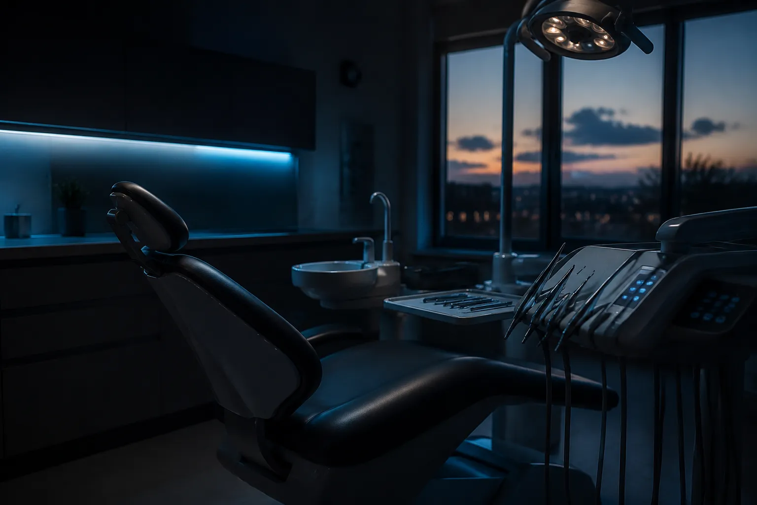 A private dental surgery at dusk, the treatment chair lit by the last of the evening light