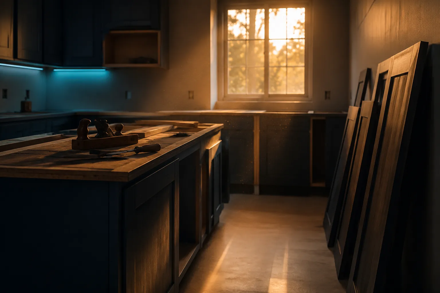 A kitchen mid-renovation, new cabinet doors stacked against the wall in the late afternoon sun
