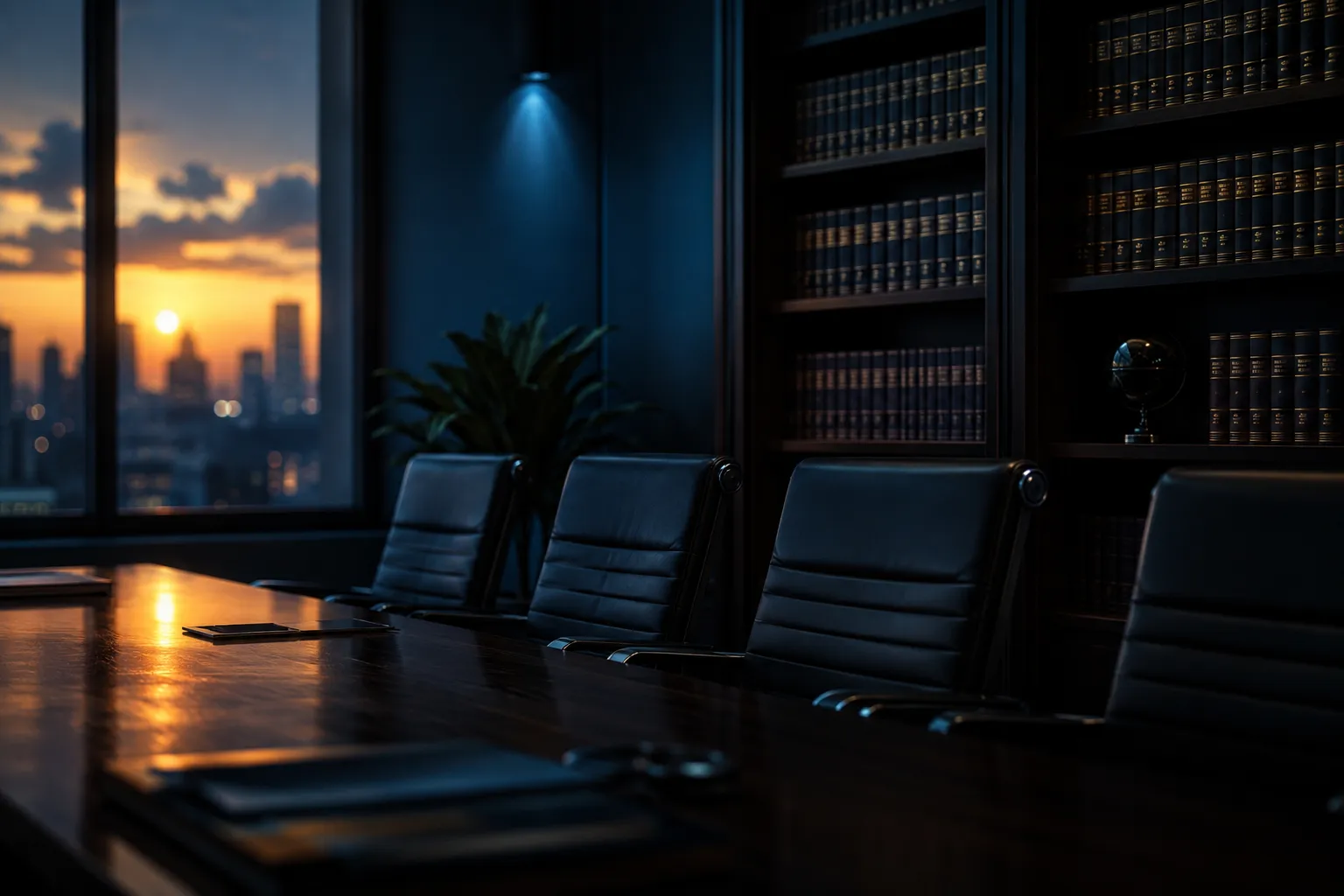 A law firm boardroom at sunset, shelves of law reports behind the empty chairs
