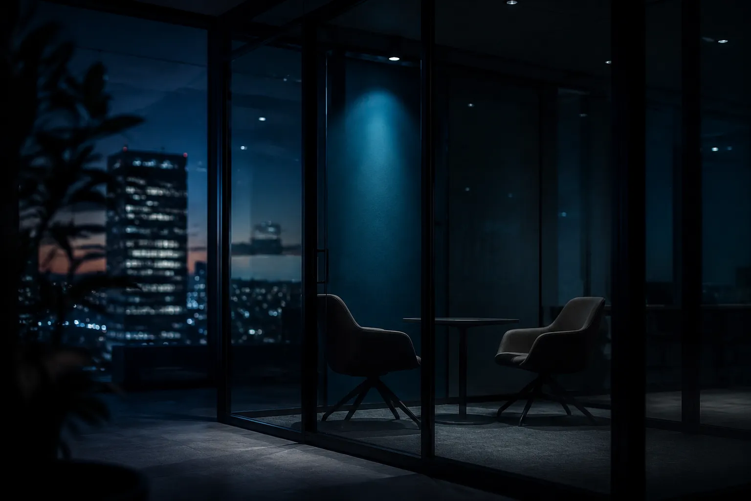 A recruitment agency interview room at night, two chairs waiting behind the glass