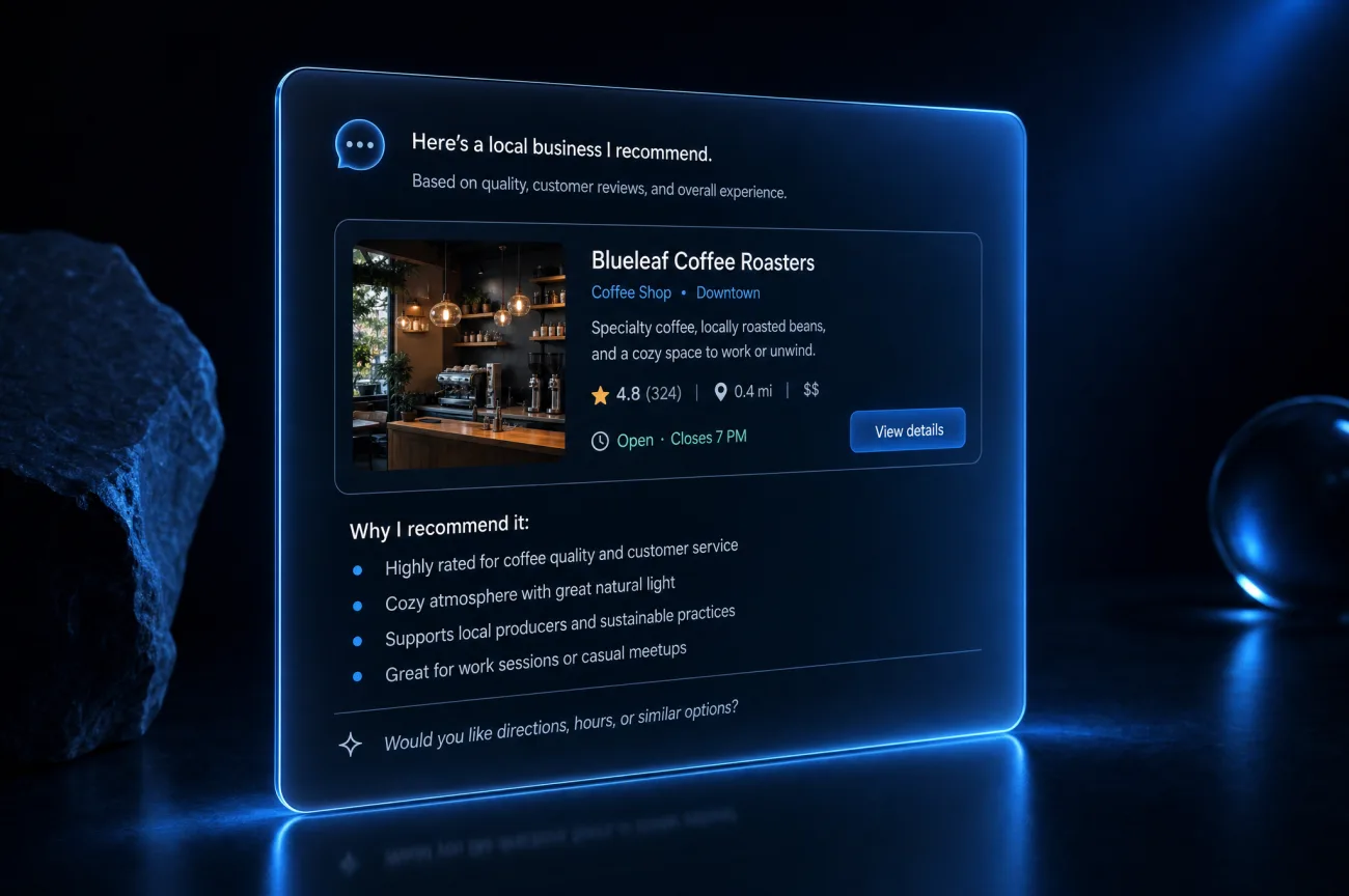 A search box dissolving into a single AI-written answer on a dark screen