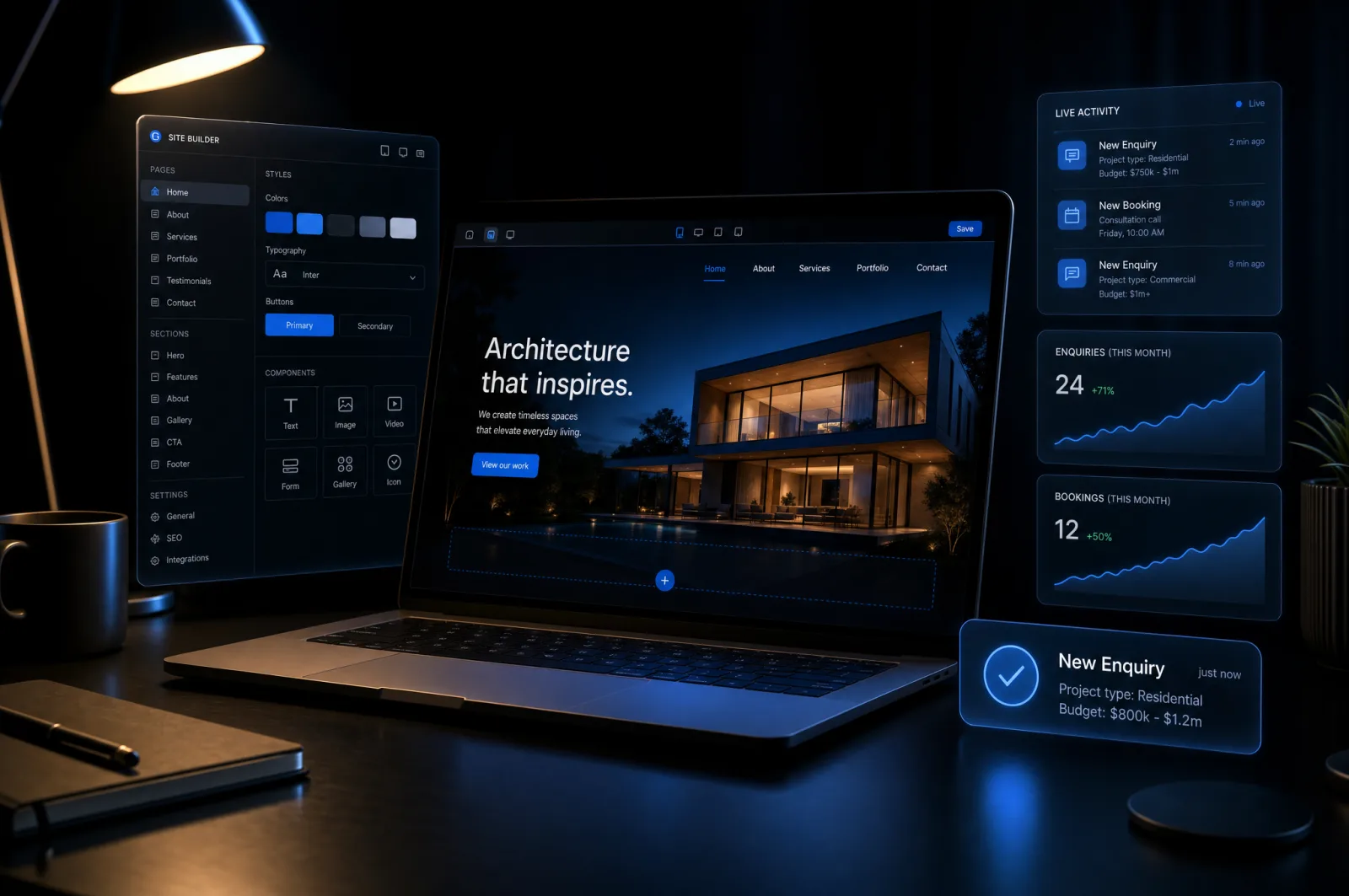 A builder's desk: a website being built with enquiries and bookings arriving