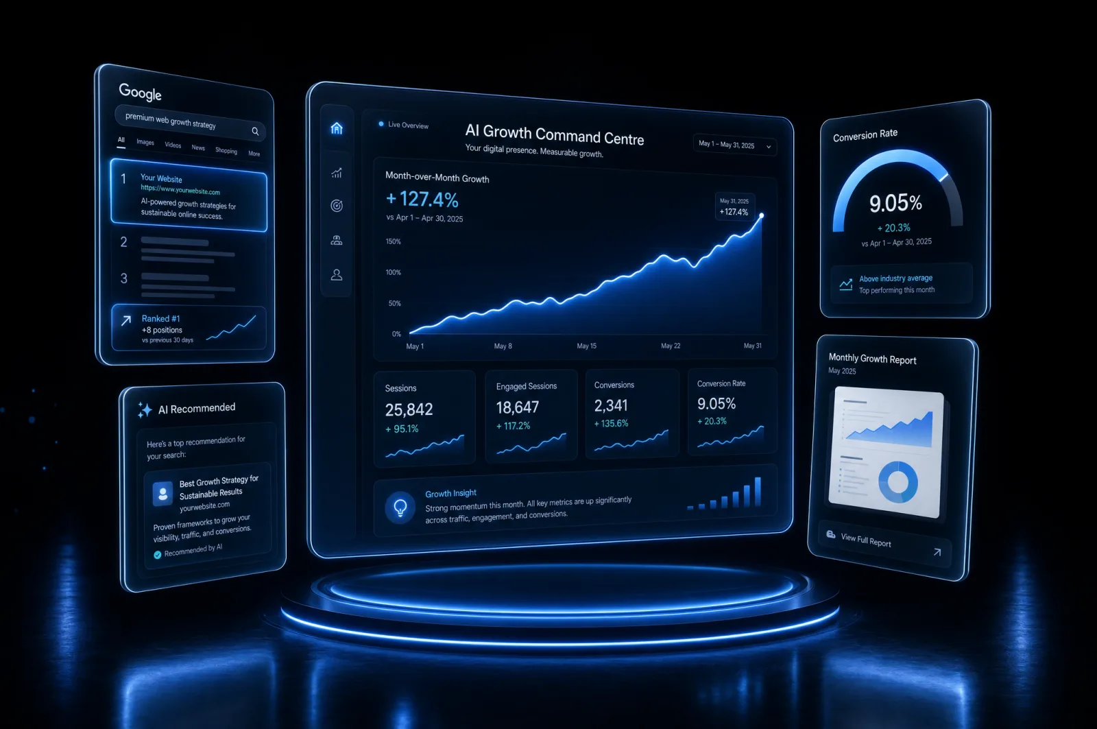 An AI web growth dashboard showing search ranking, AI recommendations and conversions climbing month over month